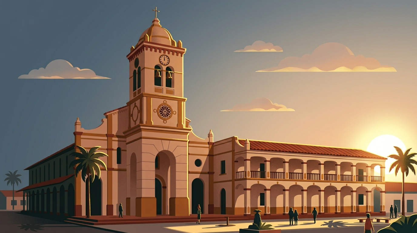 Ilustración del santuario de Cotoca al atardecer, con cielo dorado y faroles encendidos