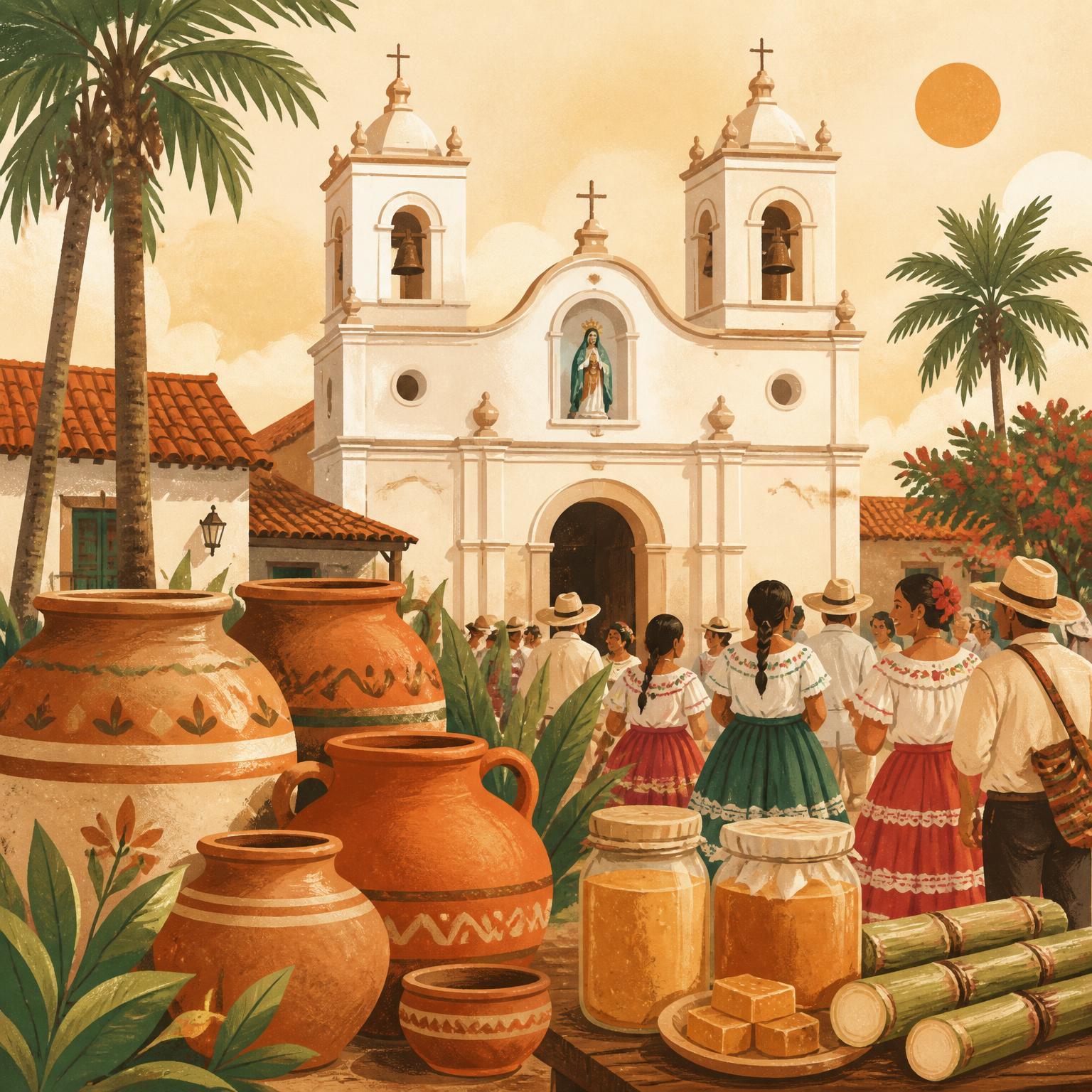 Ilustración del santuario de la Virgen de Cotoca, tinajas de barro, jalea de caña y feria del pueblo